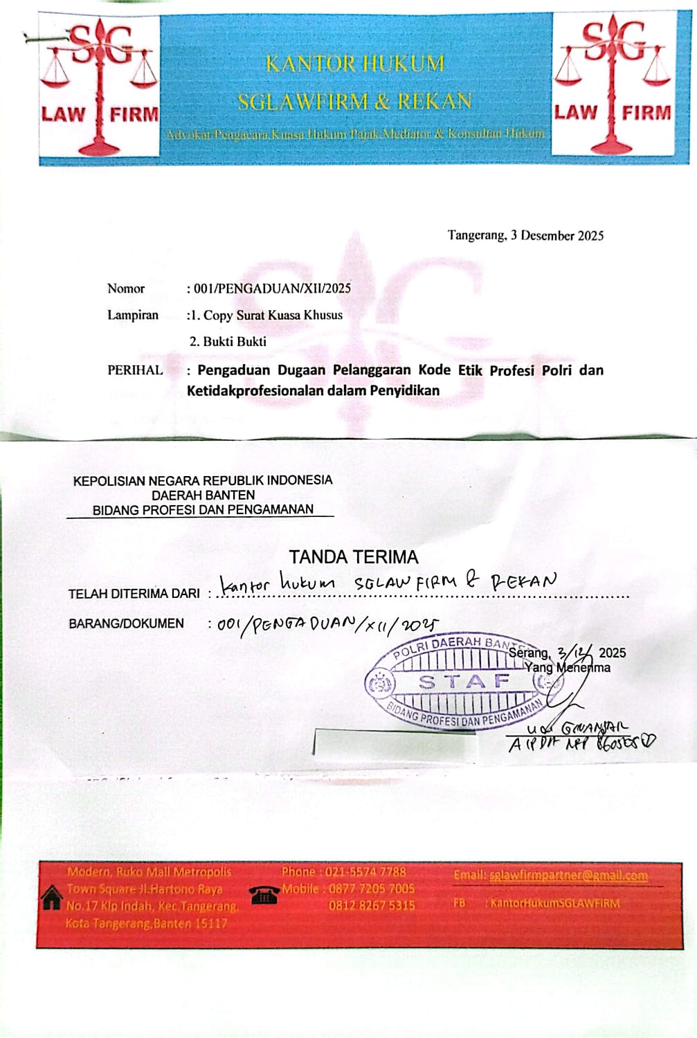 Diduga Tak Profesional, Penyidik Polresta Tangerang Dilaporkan ke Propam Polda Banten